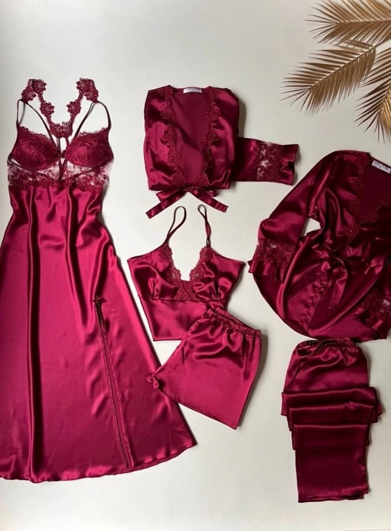 Maroon 6 PCS LONG SLIT SILK NIGHTY SET