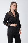 Black Guipure Detailed 6-Piece Satin Nightgown Dressing Gown Set