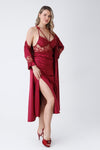 Claret Red 6 Piece Long Slit Satin Nightgown Dressing Gown Set