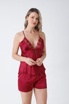 Maroon Guipure Detailed 6-Piece Satin Nightgown Dressing Gown Set