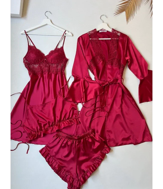 4Pcs Silk Turkish Guipure Detail Nighty Set Maroon