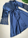 Navy Blue Guipure Detailed 6-Piece Satin Nightgown Dressing Gown Set