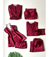 Turkish Detailed 6-Piece Satin Nightgown Dressing Gown Set Maroon